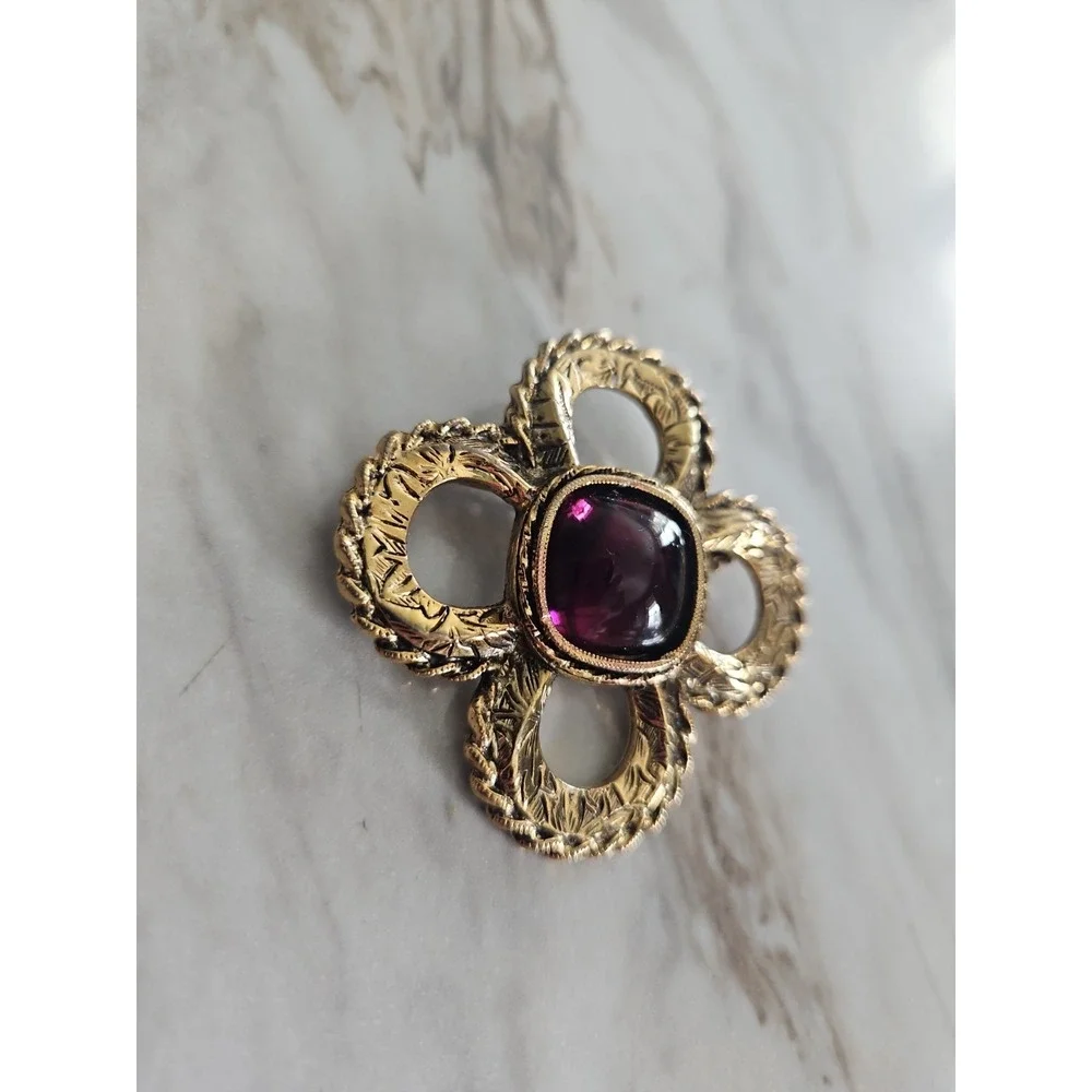 Vintage 1928 Brand Cross Brooch Pin Gold Tone Purple Cabochon Rhinestone